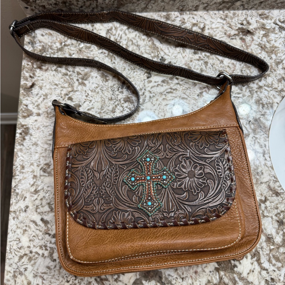 Conceal carry brown and Tan Crossbody Bag with Embossed Floral Design
